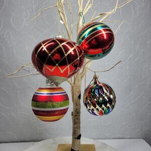 VTG Handmade German Glass Ornaments Hand Painted Glitter Stripes Finial Balls 4